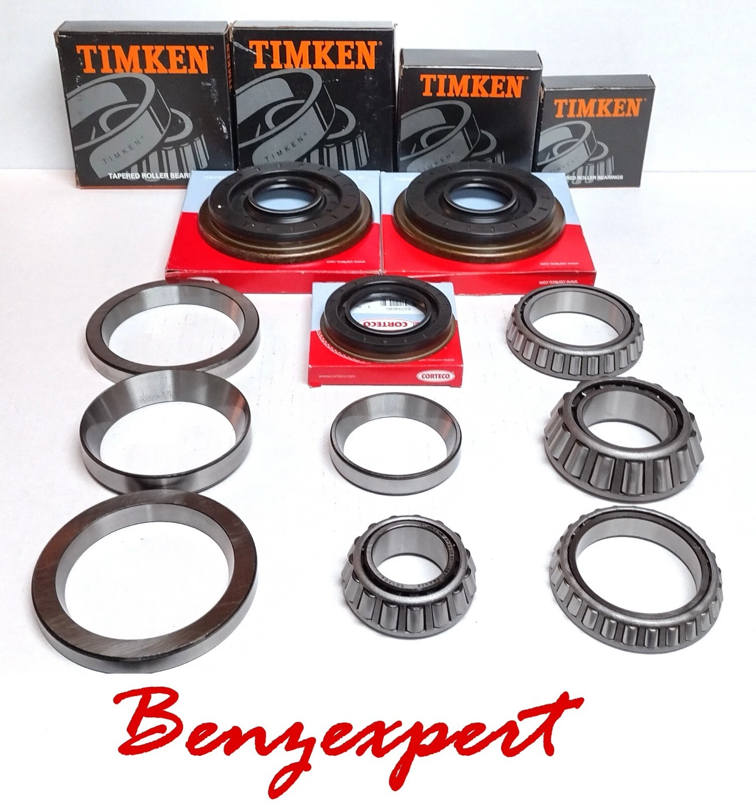 Timken bearings and Corteco seals for large Mercedes-Benz rear differentials.