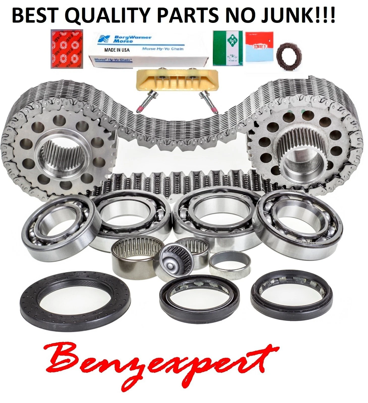 Bearings, gears, chain, and guide for Mercedes-Benz transfer case repairs.